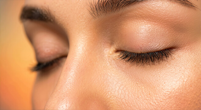 Macro close up of closed eyes with detailed skin texture. Eyelashes and eyebrows of a person sleeping