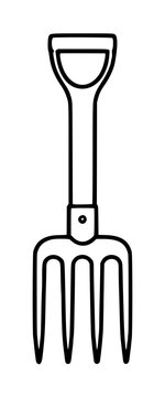 Hand traced black and white vector illustration of a classic four tine spading garden fork with wooden handle and D grip hand tool silhouette