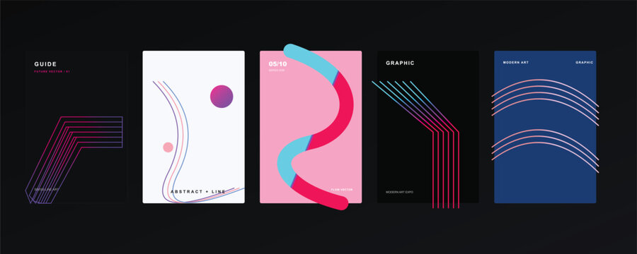 Collection of five abstract posters with colorful linear patterns, curved shapes, and gradient circles on black, white, and blue backgrounds