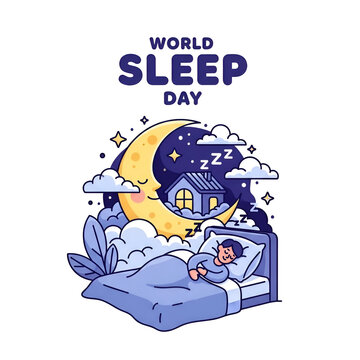 World Sleep Day Illustration Peaceful Night Sky Moon Clouds Person Sleeping Bed