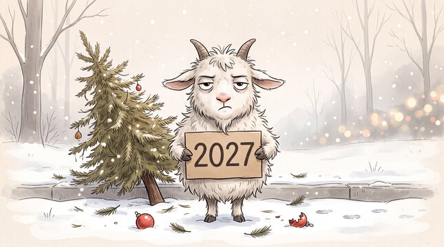 Grumpy Unamused Goat Holding 2027 Sign in Snowy Forest Winter Landscape Digital Illustration