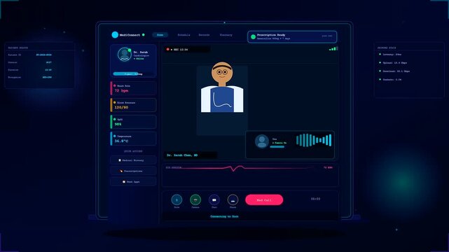 A dynamic Telehealth Consultation Screen displays live health metrics while connecting a patient to an online medical professional during a digital virtual checkup.