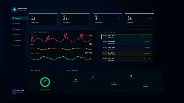 A futuristic telehealth consultation screen displays real time patient vitals and scheduling updates as the interactive medical data dashboard loads progress seamlessly.