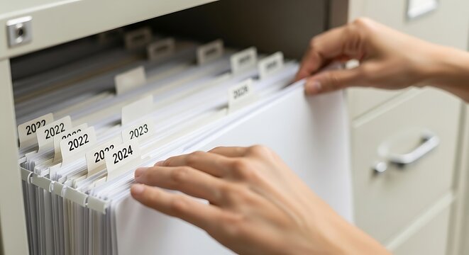 A hand reaching into a metal filing cabinet to organize or retrieve hanging folders labeled with years 2022, 2023, and 2024 for document management