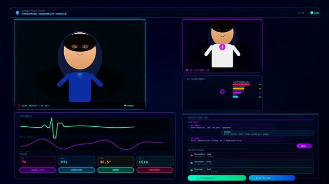 A futuristic telehealth consultation screen displays changing vital signs and patient data as an interactive online medical appointment progresses over a digital network.