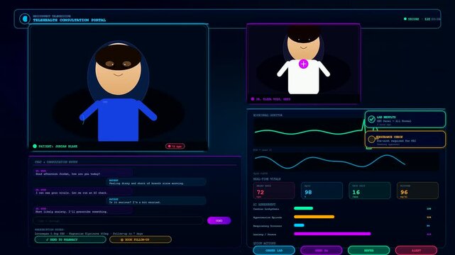 During an online medical appointment, a dynamic Telehealth Consultation Screen displays simulated patient vitals, chat logs, and real time pop up alerts for lab results.