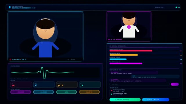 An animated video showing a Telehealth Consultation Screen updating real time patient vitals, clinical intelligence metrics, and doctor patient chat simulation during a virtual appointment.