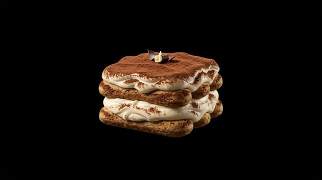 Classic Italian tiramisu cake dessert made with espresso-soaked ladyfingers and mascarpone cream dusted with cocoa powder isolated on a dark black background. Perfect for luxury restaurant menus, dess
