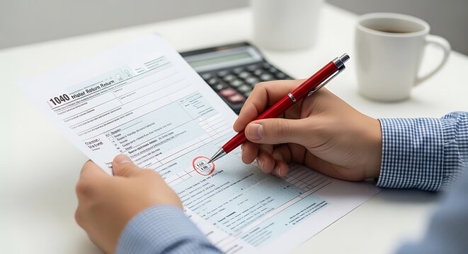 Person holding a 1040 tax return form and using a red pen to circle a specific section while sitting at a desk with a calculator and coffee mug