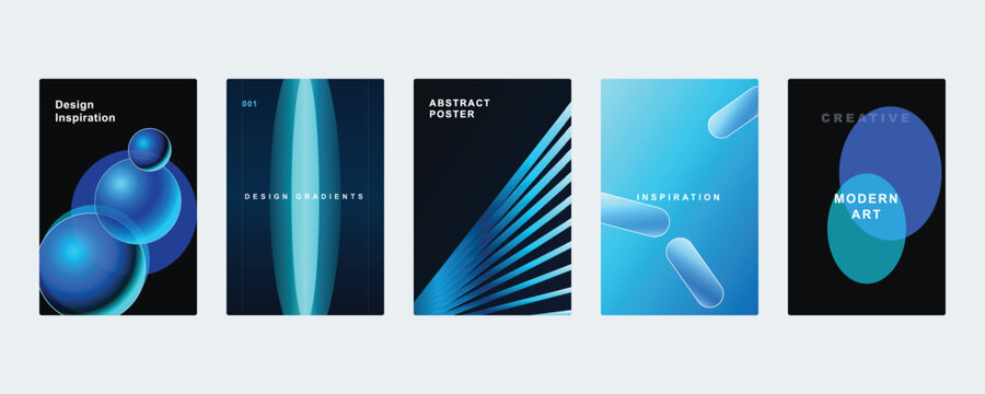 Five abstract posters with blue gradient spheres, vertical light beams, diagonal lines, and pill shapes on dark backgrounds for modern layouts