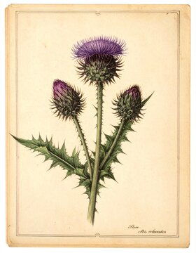 Vintage botanical illustration of a single thistle specimen on aged parchment, antique herbarium style