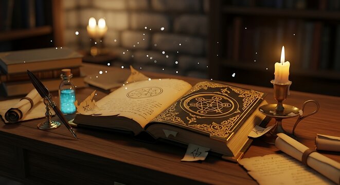 Old magic book with glowing symbols open on a wooden table with a candle, a quill pen, and a small potion bottle in a dimly lit library setting