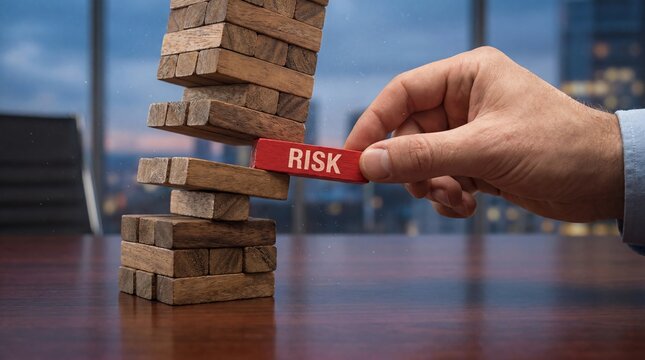 Hand pulling red block with word RISK from unstable Jenga tower