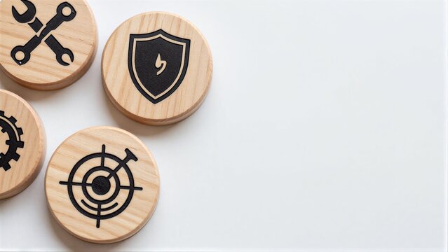 Wooden discs with tools, shield and target symbols represent cybersecurity concepts.