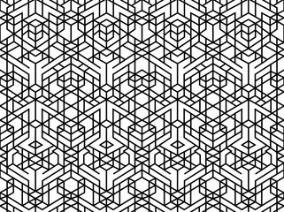 Obraz premium Abstract geometric line pattern vector illustration. Black and white seamless background with hexagonal and cube shapes