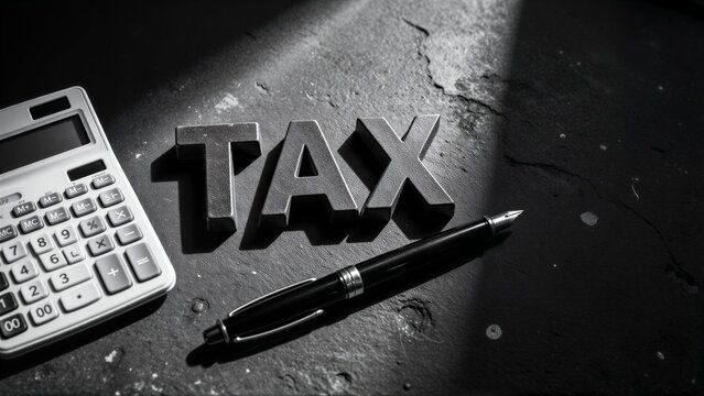 Tax, calculator, and pen on dark surface  financial responsibility theme.