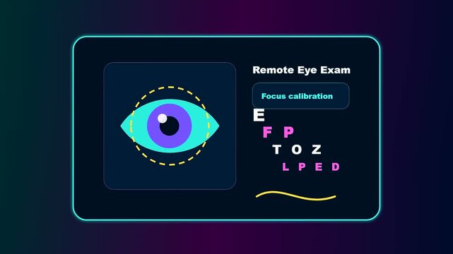 A looping animation of a telehealth consultation screen showcasing a remote eye examination with a calibration graphic and interactive digital vision test chart