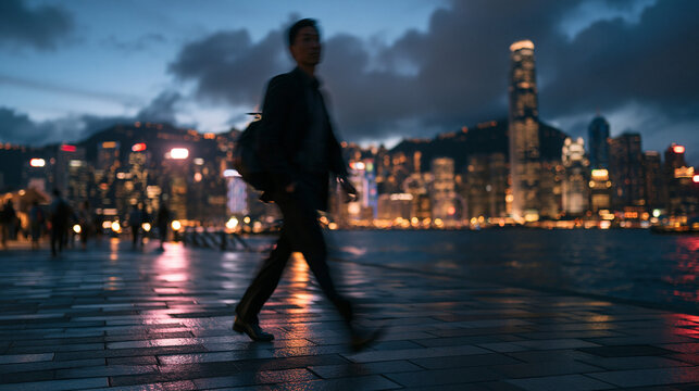 Businessman Walking at Night Along Hong Kong Waterfront Promenade