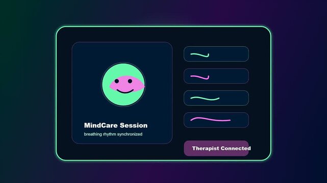 An animated Telehealth Consultation Screen displays breathing rhythm synchronization with shifting wave lines and a smiling digital therapist avatar during an online mental health session.