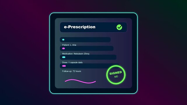 An animated digital electronic prescription on a telehealth consultation screen gets verified with a glowing green signed stamp for convenient remote medical healthcare services.