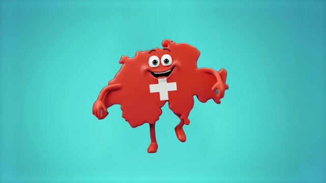 A friendly 3D Switzerland country map mascot decorated in national flag colors dancing joyfully on a soft cyan background. Excellent for travel channel graphics, European geography content, cultural v