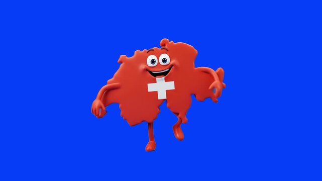 A playful 3D Switzerland map mascot character wearing the Swiss flag cross dancing isolated on a solid blue chroma key background. Ideal for geography educational videos, Swiss tourism ads, travel gui