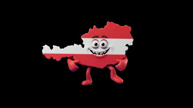 A happy 3D Austria map character styled with the red and white national flag dancing isolated on a sleek black background. Great for geography videos, European tourism promos, educational content, cul