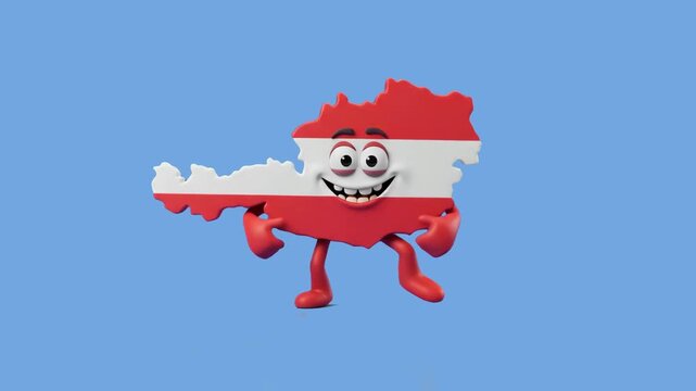 A detailed 3D model of the Austria map shape as a friendly animated character with the red and white Austrian flag pattern posing with a smile, set against a solid blue studio backdrop. Designed for A