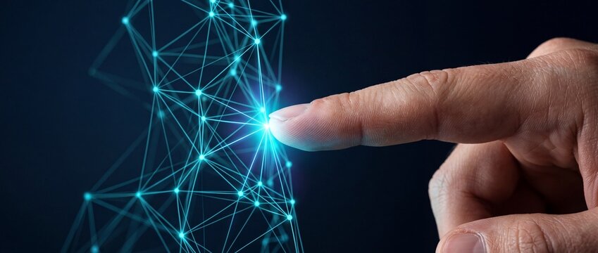 Finger touching digital network. Human hand interacting with glowing data connection interface.