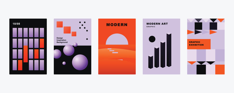 Five modern posters featuring geometric patterns, purple and orange color schemes, spheres, bar charts, and grid layouts on dark backgrounds