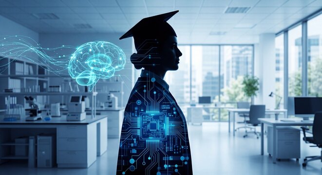 Graduate silhouette with AI brain. Digital education concept in a modern office.
