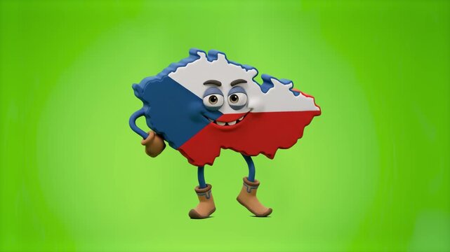 A cheerful 3D cartoon mascot shaped like the Czech Republic map with the national flag pattern, standing confidently on a vibrant green backdrop. Perfectly suited for educational videos, travel promos