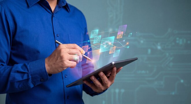 Businessman using digital tablet with hologram. Professional interacting with virtual data.