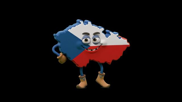 A funny 3D Czech Republic country map mascot styled with the national flag standing confidently isolated on a dark black background. Ideal for European geography lessons, travel promos, national holid