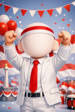 AI-Generated 3D Cartoon Character Celebrating Kemerdekaan RI with Indonesian Flag and Monas