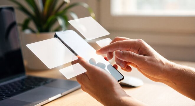 Person using smartphone with digital interface. Mobile app interaction with virtual screens.