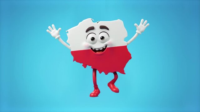 A friendly 3D animated character shaped like the map of Poland featuring its national flag colors, standing with raised hands on a clean blue background. Ideal for educational media, travel campaigns,