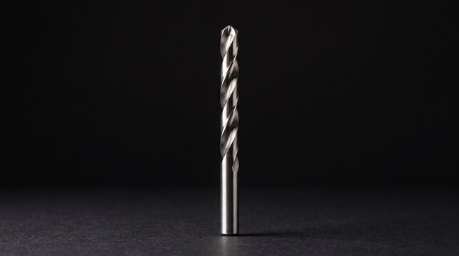 Professional metal drill bit with polished steel finish on black background for construction, industrial tools, engineering and precision drilling concept