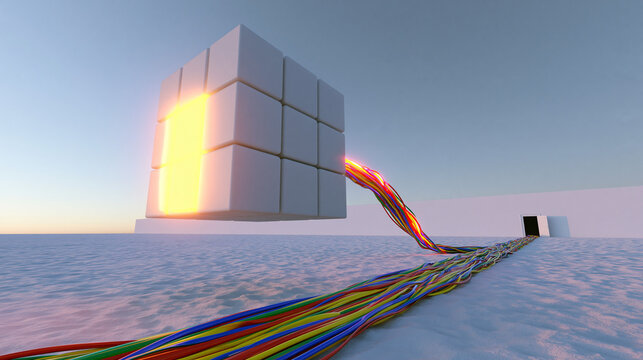 Glowing Data Core Cube Connected to Fiber Optic Cables