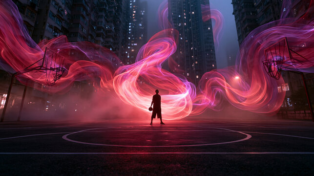 Basketball Player on Urban Streetball Court with Glowing Light Trails
