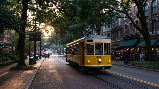 Historic Yellow Trolley Driving on City Street at Sunset
