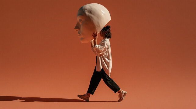 Woman Carrying Large Mask Representing Identity and Persona