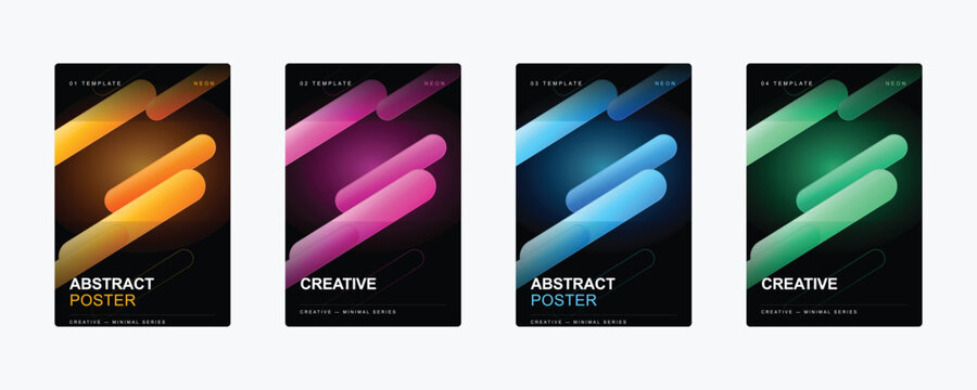 Four abstract posters featuring diagonal pill-shaped with vibrant color gradients on dark backgrounds for minimalist layouts