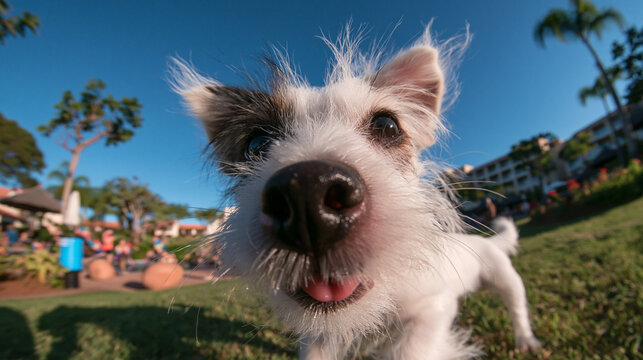 Funny Scruffy Dog Looking at Camera Outdoors in Sunny Park
