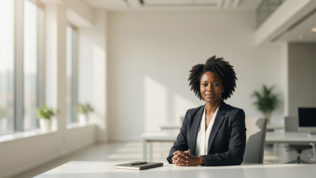 Confident businesswoman professional female black suit modern office natural light afro hair workplace corporate leadership success African entrepreneurprofessional portrait office concept