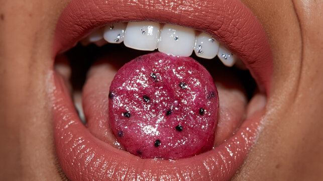 Close Up of Mouth with Tooth Gems Holding Dragon Fruit