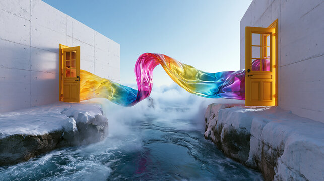 Surreal Landscape of Open Doors Connected by Rainbow Ribbon