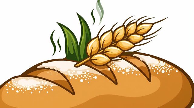 Loaf of bread with wheat stalk and green leaves on top, bakery, fresh baked goods, food illustration
