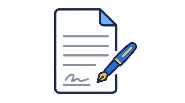 Contract signing document icon animation with a fountain pen writing agreement text on paper