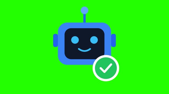 Friendly blue AI chatbot robot head with verified checkmark motion graphic on green screen background